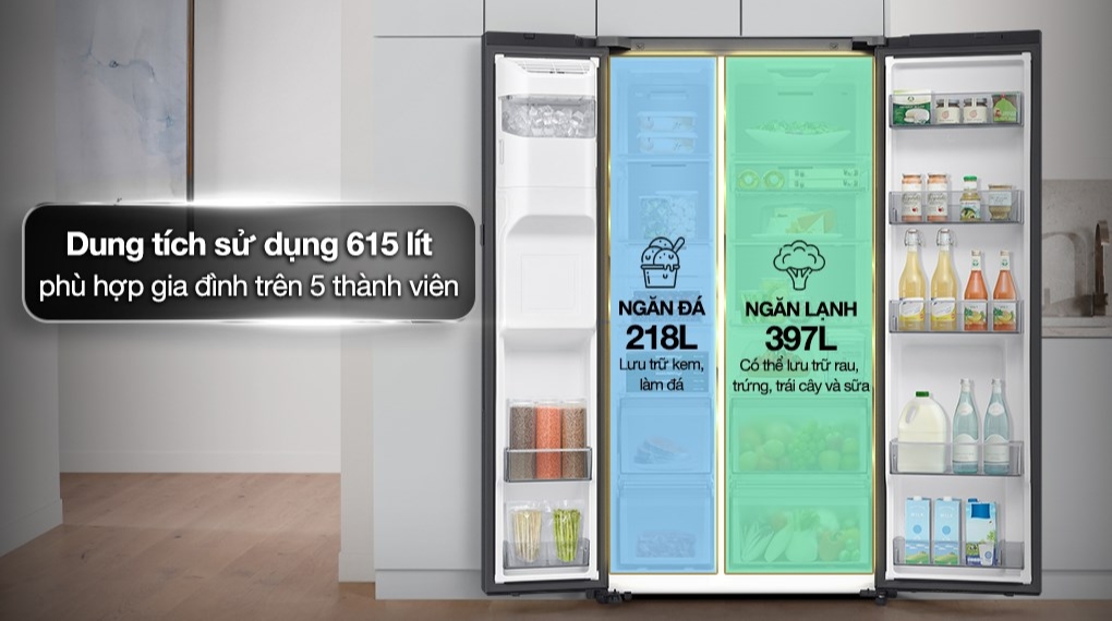 Không gian lưu trữ rộng rãi với Tủ lạnh Samsung RS90F65D2FSV Inverter 615 lít